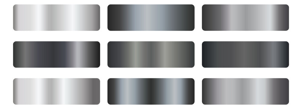 Dark silver and charcoal metal gradient swatch set. Chrome, platinum, steel, pewter, dark grey, blue-black foil shades. Glossy horizontal bands. For badge, label, ribbon, frame. Vector
