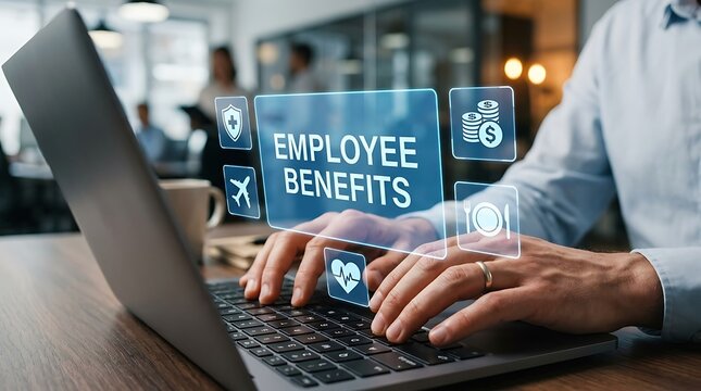 Employee benefits management on laptop with digital interface icons for human resources.