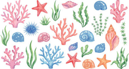Obraz premium Watercolor marine life illustration vector set featuring coral reef elements like pink sea anemone green seaweed starfish sea urchin and colorful seashells for summer branding packaging.