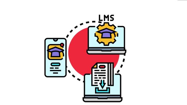 Branded learning management system icon representing education technology, online courses, and digital training platforms with content delivery across various devices