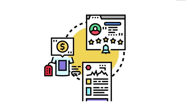 Understanding the branded goods sales income concept. This icon illustrates the interconnected process of product promotion. Customer feedback