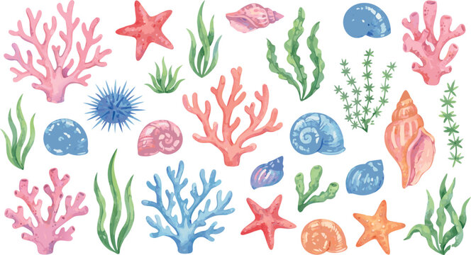 Watercolor marine life illustration vector set featuring coral reef elements like pink sea anemone green seaweed starfish sea urchin and colorful seashells for summer branding packaging.