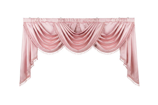 Elegant pink silk window valance curtain with intricate beaded fringe trim.
