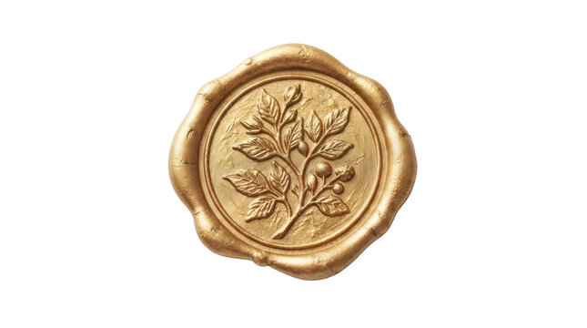 Gold metallic wax seal with embossed botanical branch design on white background