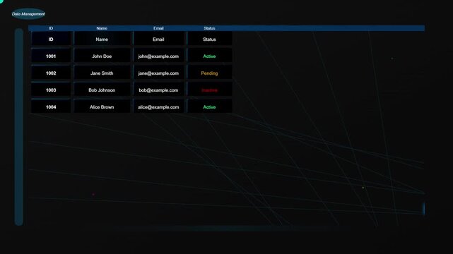 Dark Themed User Data Table Displaying Client Information and Statuses