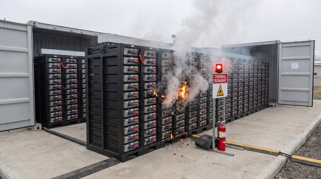 Battery storage system fire risk with thermal runaway warning with fire extinguisher nearby flames visible thermal electricity industrial emergency safety hazard energy with smoke