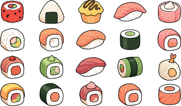 Cute cartoon sushi vector icon set featuring kawaii japanese food nigiri salmon tuna maki rolls california roll onigiri rice ball and tamago for restaurant menu commercial branding design