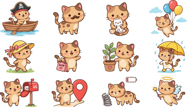 Cute cat stickers vector set featuring kawaii kitten cartoon character illustrations for pirate boat mustache balloons shopping bag umbrella mailbox and angel wings for planner scrapbook design.