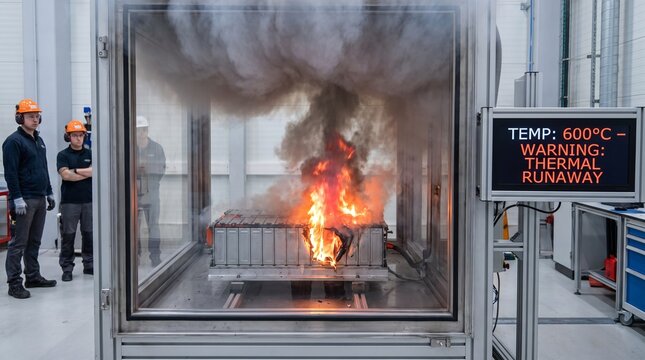 Battery thermal runaway test in laboratory with warning sign with controlled laboratory setting indicating thermal fire controlled temperature development equipment scientist