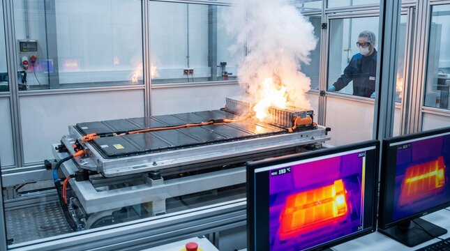 Electric vehicle battery thermal runaway test in laboratory with safety engineer with research development hazardous materials battery undergoing computer monitors testing facility