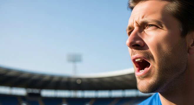 Passionate man gasps in disbelief watching an intense football match at a stadium during daytime.