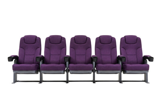 Row of five comfortable purple fabric cinema seats featuring integrated cup holders and padded headrests