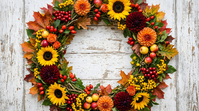 Rustic autumn wreath with sunflowers and dahlias on white wood. Seasonal fall decoration with berries and leaves. Harvest border design and Thanksgiving inspiration.
