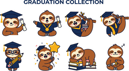Naklejka premium Cute Kawaii Sloth Graduation Character Asset Bundle Featuring Smart Little Animals Wearing Cap and Gown Holding Diplomas Books Pencil and Balloon