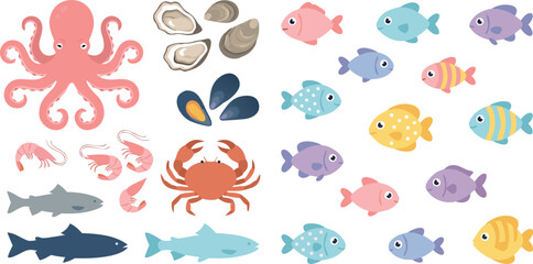 Fototapeta premium Fresh gourmet seafood vector icon set featuring octopus crab shrimp oysters mussels salmon trout and colorful marine fish for luxury restaurant menu branding food packaging design elements