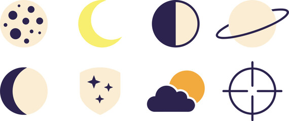 Minimalist Astronomy and Space Vector Icon Set with Moon Phases Saturn Planet Weather Cloud and Crosshair Star Symbols for Infographics and Apps © MdJaynal