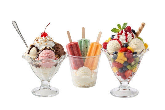 An ice cream sundae, fruity popsicles, and a berry-filled dessert glass with whipped cream and toppings.