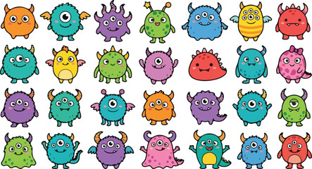 Cute mini alien monsters characters cartoon doodle icons collection set © SHARMIN