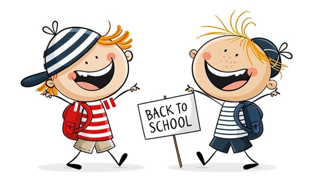 Cute cartoon schoolboy with a back to school sign on a white background, animation