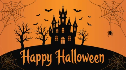 Happy Halloween illustration black silhouette of haunted castle, bare trees, flying bats, spider web and spider on orange background. © EvgeniiasArt