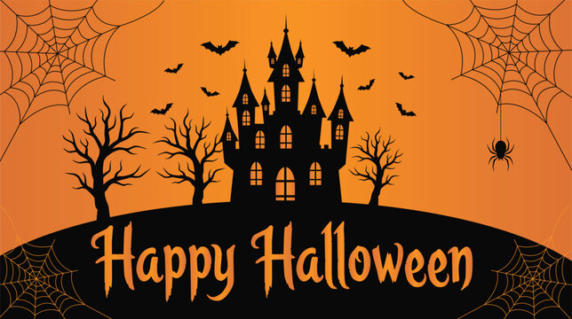 Happy Halloween illustration black silhouette of haunted castle, bare trees, flying bats, spider web and spider on orange background.