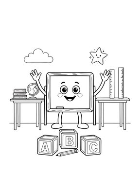 Cute school chalkboard cartoon character standing with abc blocks and school supplies coloring page line art black and white education background chalkboard