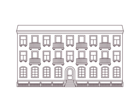 Linear building outline design. Line art flat design. Houses isolated on white background. Sketch of urban residential architecture. Vector illustration.