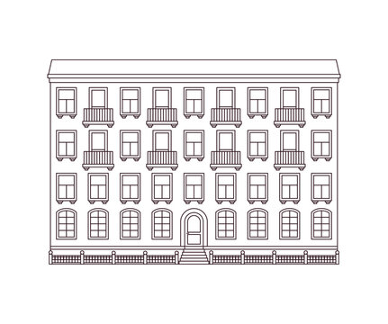 Line art residential icon. Sketch of building architecture. Urban flat design. Outline houses isolated on white background. Linear vector illustration.