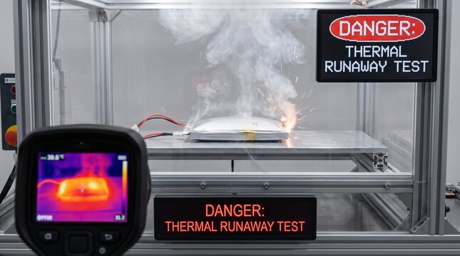 Thermal runaway test with smoke and sparks in a laboratory setting with warning signs with sparks emanating device inside glass enclosure device metal table thermal imaging
