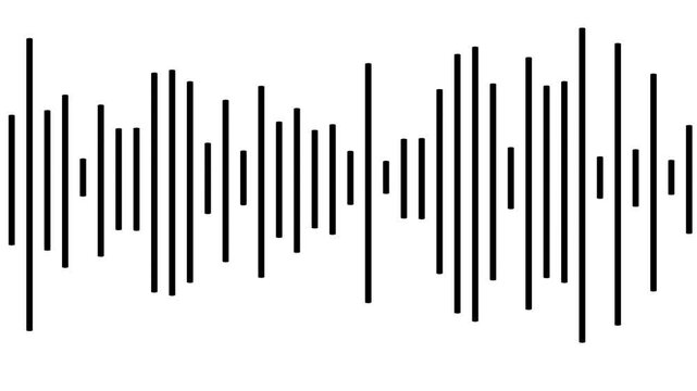 Black digital audio spectrum waveform jumping to beat, modern sound equalizer frequency bars animation, clean podcast voice recording indicator, minimalist music track on white background. 4k video