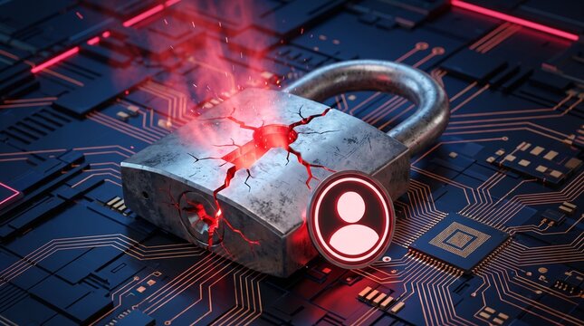 Data breach concept with broken padlock on digital circuit board