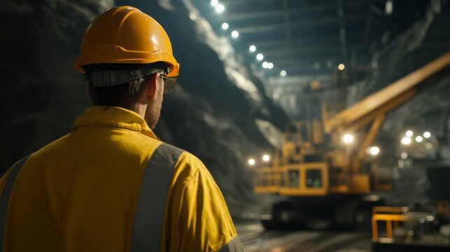 Underground quarry worker wearing safety gear and a yellow jacket closely monitoring heavy machinery operations