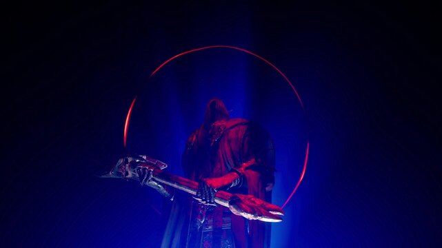 3D Render of Hooded Executioner Warrior with Polearm in Front of Blue and Red Halo Ring