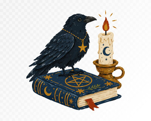 Naklejka premium Raven on occult book beside burning candle watercolor vector art
