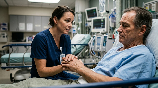 Compassionate Female Nurse Holding Hands with Senior Male Patient in Hospital Room