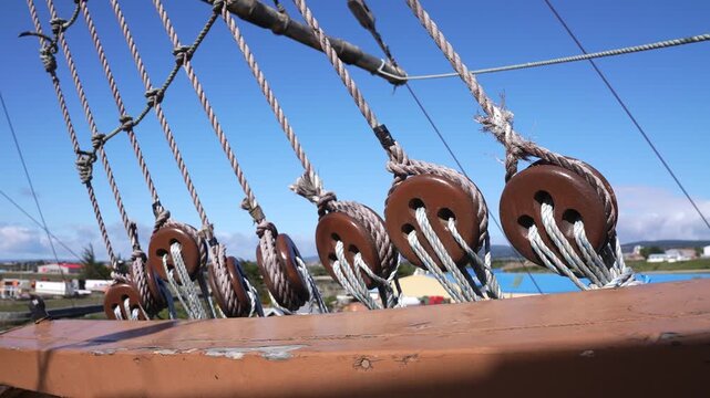 Victoria Ship From Magellan Expedition Replica Details, Ropes on Wooden Deck. Punta Arenas, Chile