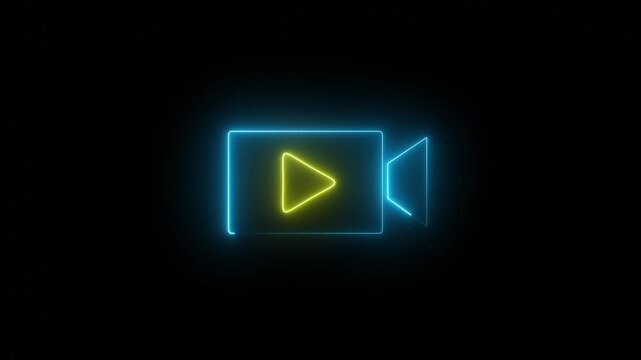 Glowing neon camera icon animation for recording and film concept with pictogram style on a dark black background.