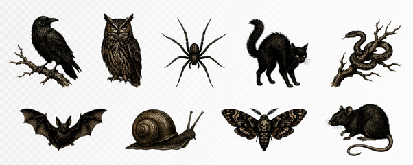 Naklejka premium Halloween animal silhouette collection watercolor vector art