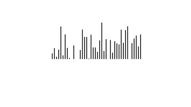 Minimal black audio equalizer bars moving smoothly, modern digital sound frequency spectrum wave, clean podcast voice track visualizer, simple music beat level animation on white background. 4k video