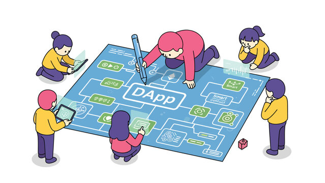 Diverse team collaborating on decentralized application development, visualizing workflow on a large blueprint.