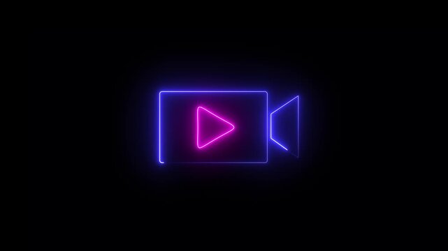 Glowing neon camera icon animation for recording and film concept with pictogram style on a dark black background.