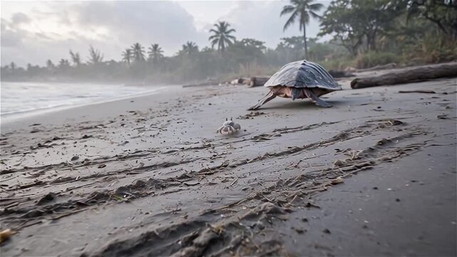 Sea turtle moving towards the ocean on a sandy beach after laying eggs in a nest while a small ghost crab crawls in the foreground during early morning