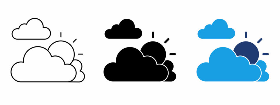 Partly cloudy weather icon set with clouds and sun rays. Symbol of daytime forecast, sun behind cloud, overcast sky, summer climate, weather condition, and sunburst. Vector illustration.