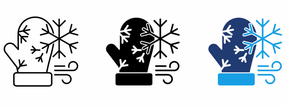 Winter mitten weather icon set with snowflake and wind breeze. Symbol of cold season, winter clothes, freezing climate, snowstorm, frost protection, and warm glove. Vector illustration.