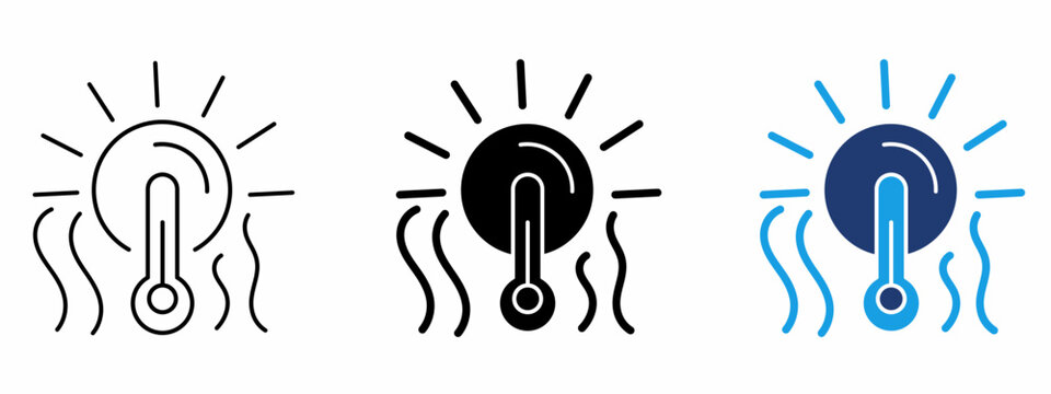 Hot sun temperature weather icon set with thermometer and heat waves. Symbol of heatwave, hot weather forecast, summer climate, high temperature, and sunny day. Vector illustration.