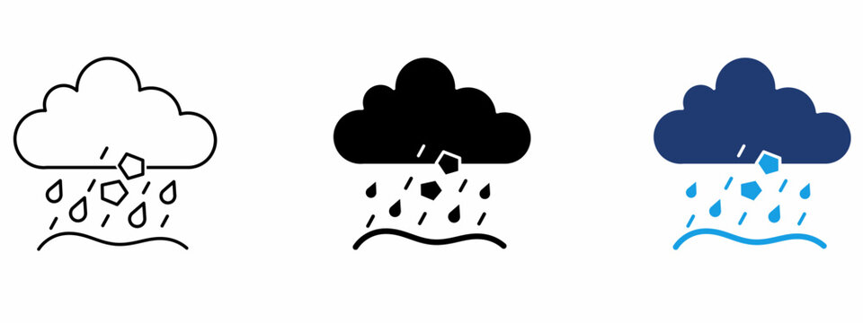 Hailstorm weather icon set with cloud, hail, rain drops, and wind. Symbol of severe storm, hailstone, rainy climate, cold forecast, ice precipitation, and downfall. Vector illustration.