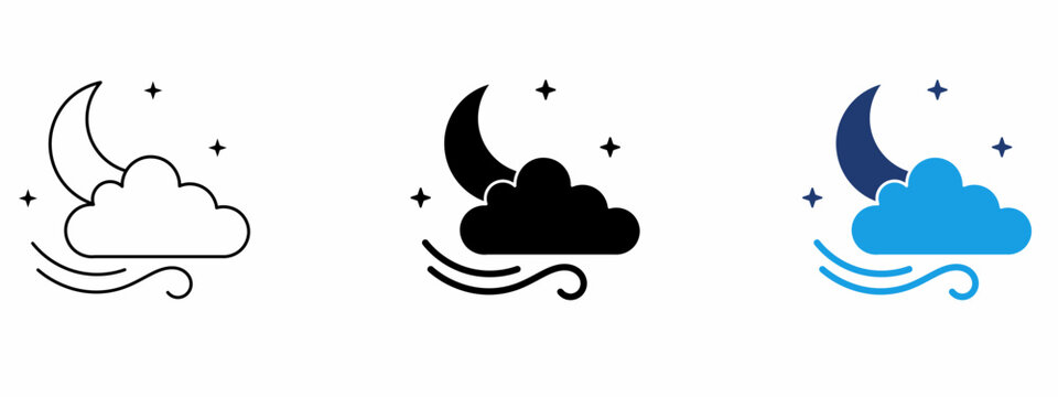 Night weather icon set with crescent moon, cloud, stars and wind. Symbol of nighttime forecast, breeze, cloudy sky, evening climate, windy night, and sleep weather. Vector illustration.