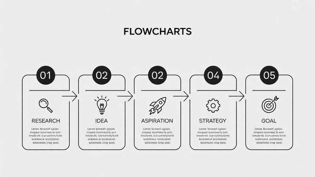 Black and white flowchart diagrams with symbols for business processes and decision making on white background business diagram process mapping
