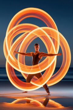 Male fire dancer performing dynamic long-exposure light painting on a beach at night