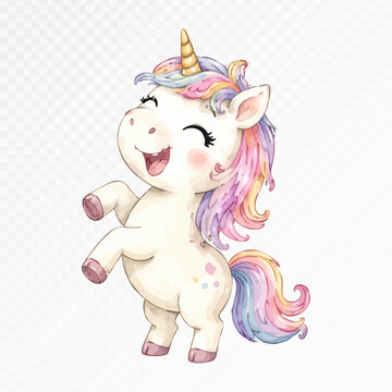 Happy unicorn dancing and laughing watercolor vector art